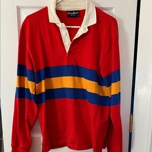 Red Rugby Shirt with Blue and Yellow Stripes